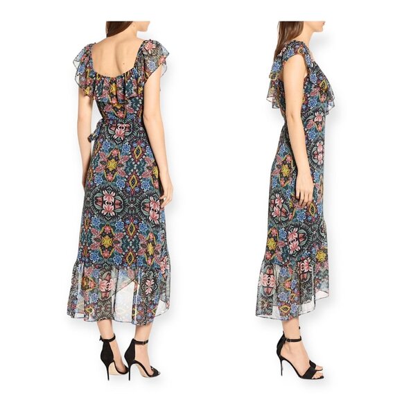 Rebecca Minkoff Jessica Ruffle Floral Midi Wrap Dress S Black Multicolor NWT - Picture 2 of 16